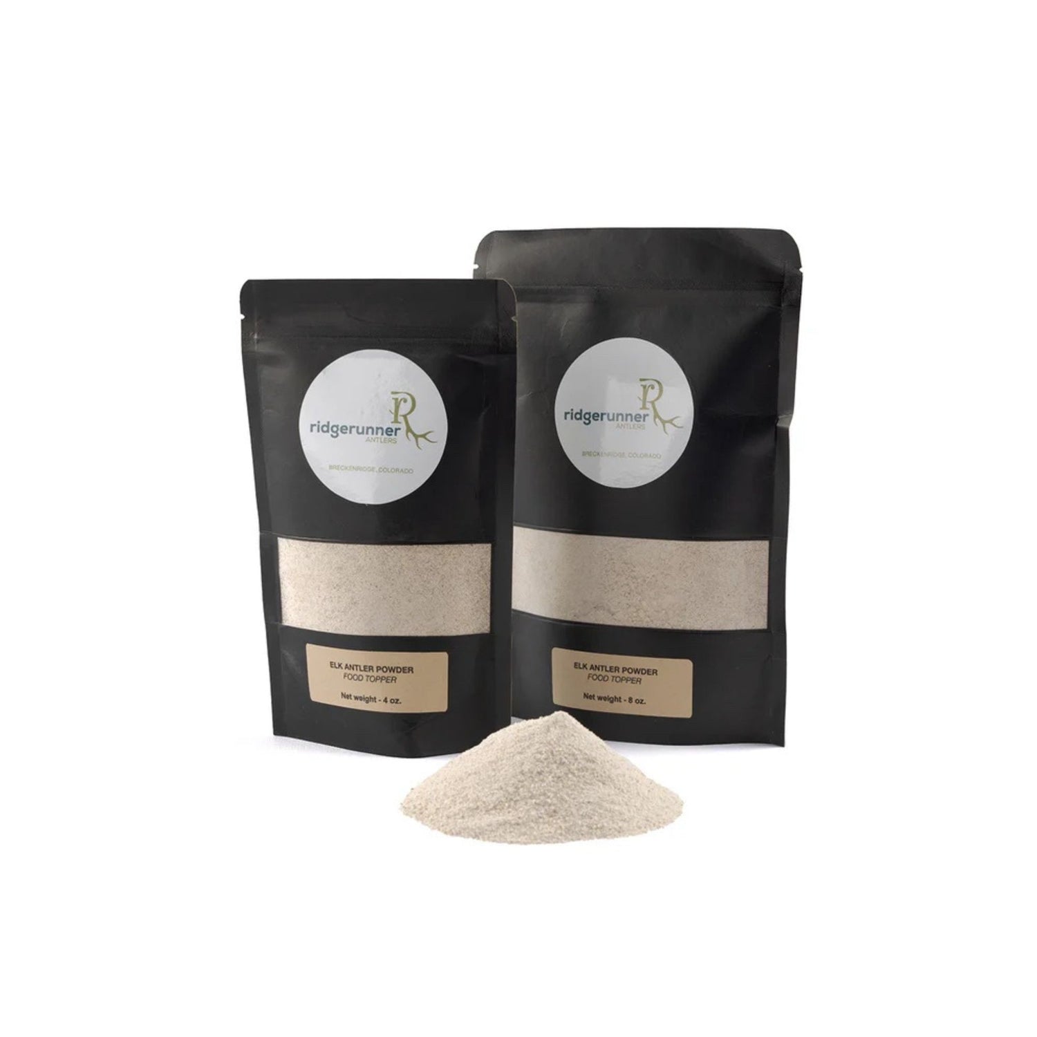 Elk Antler powder in a 4oz & 8 oz bag