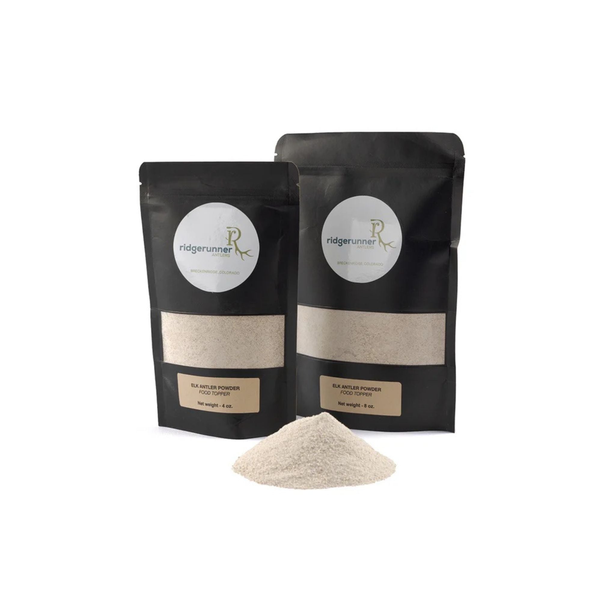 Elk Antler powder in a 4oz & 8 oz bag