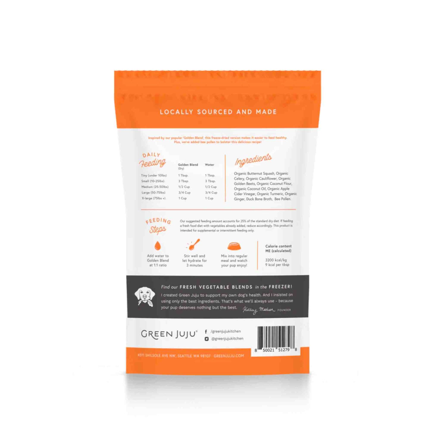 green juju golden blend with bee pollen package with orange and white design on a white background