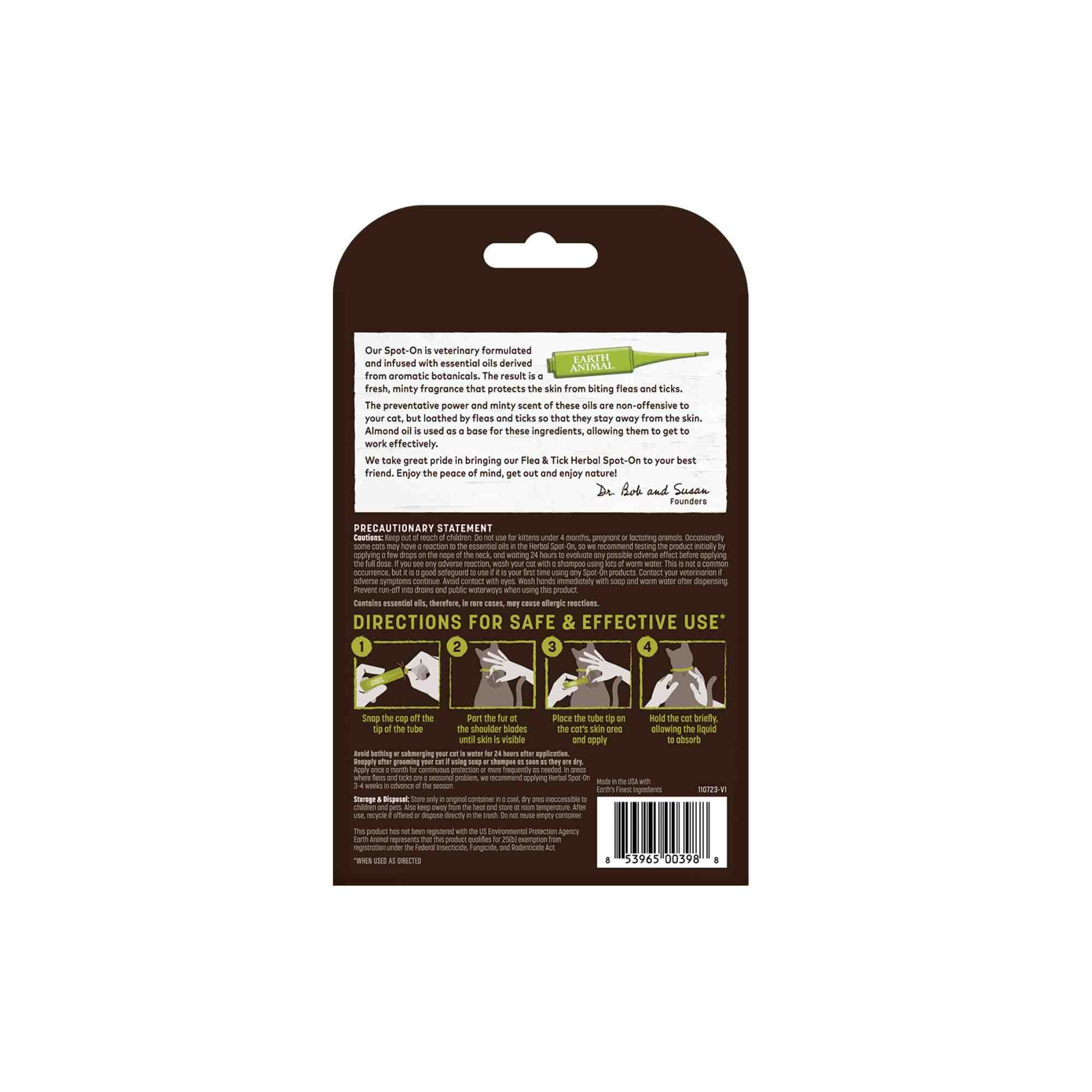 Herbal Flea & Tick Spot-On by Earth Animal for Cats - back of box with directions and how to use