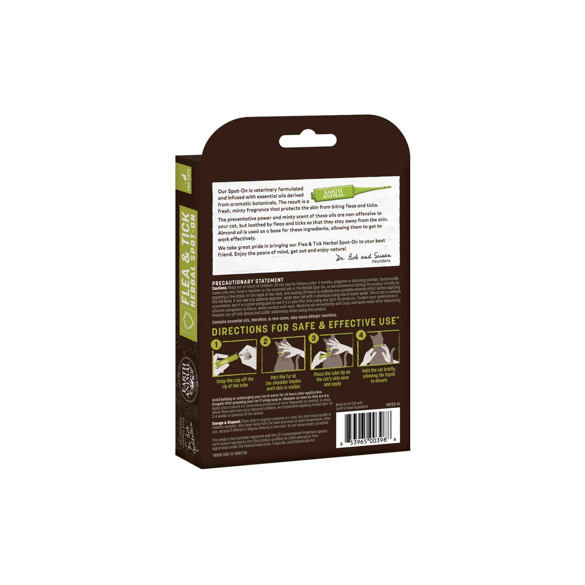 Herbal Flea & Tick Spot-On by Earth Animal for Cats - back of box with directions and how to use side angle shot