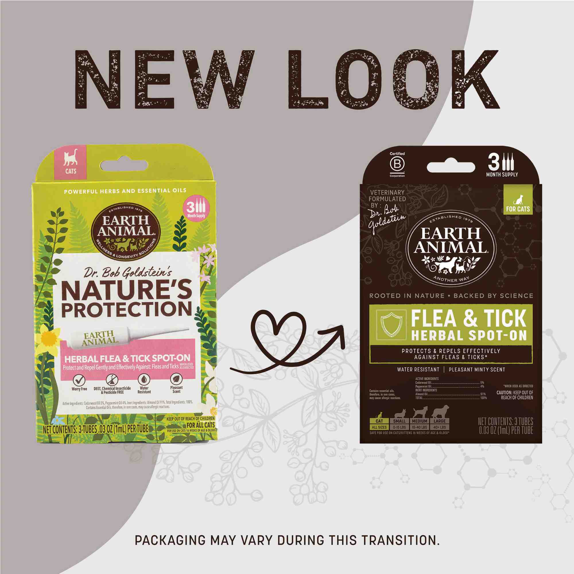 Herbal Flea & Tick Spot-On by Earth Animal for Cats - front of box in new look transition