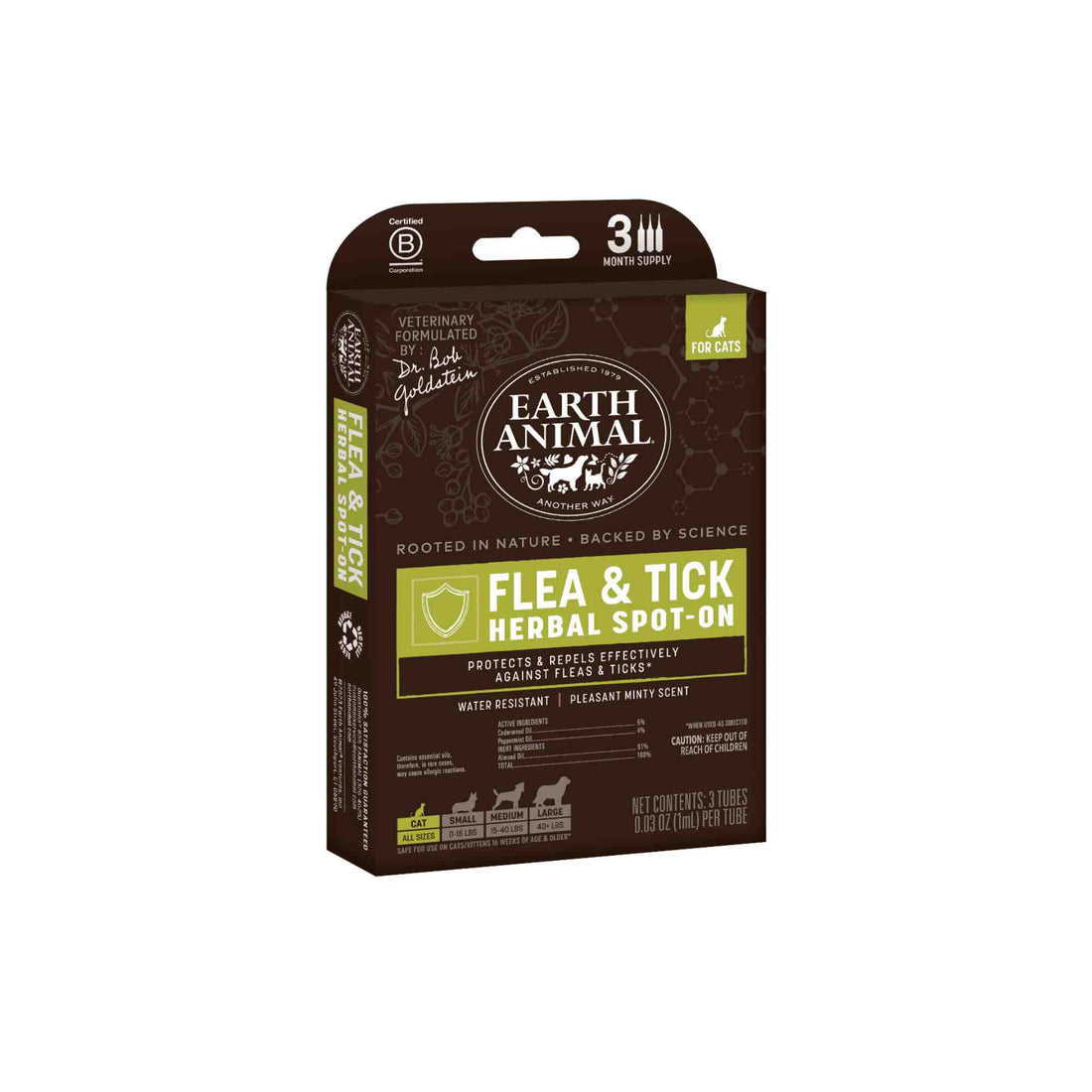 Herbal Flea & Tick Spot-On by Earth Animal for Cats - front of box in side angle