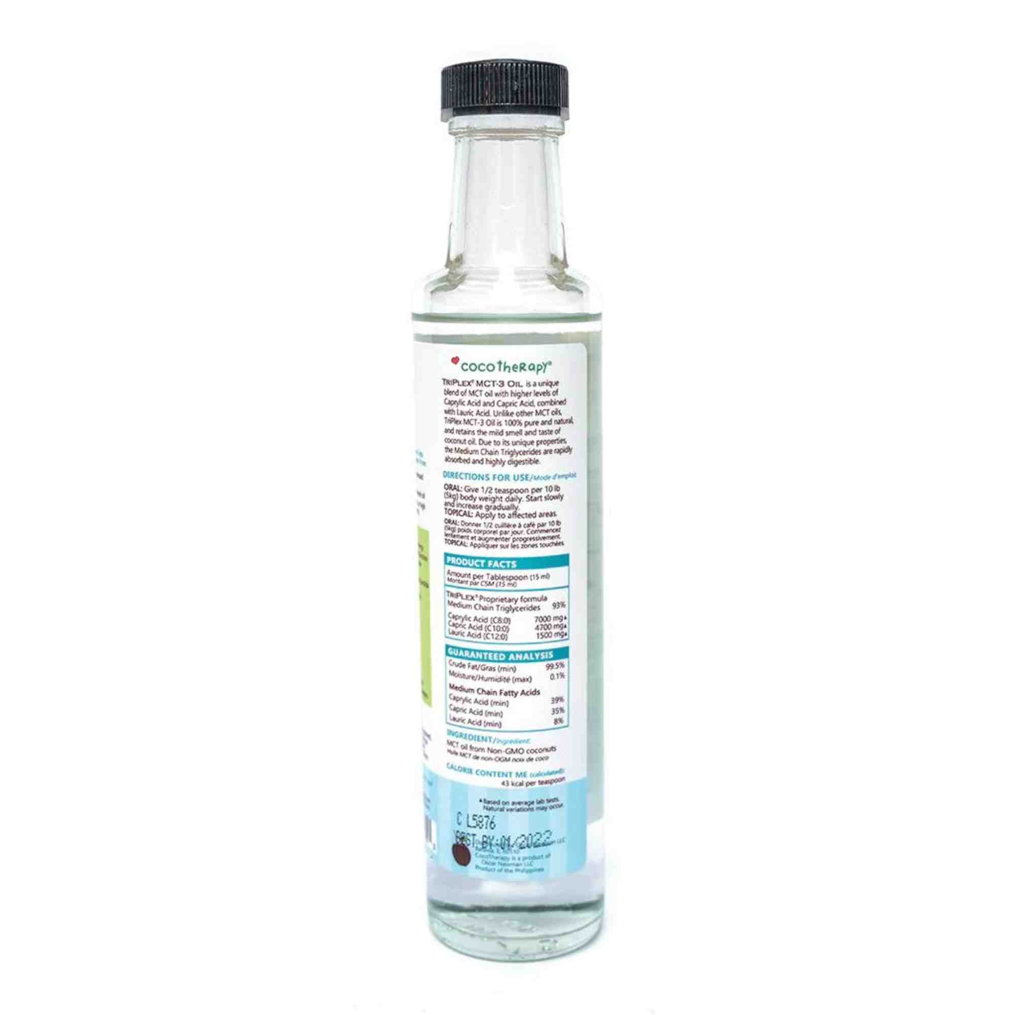 Triplex MCT3 Oil Bottle Back with ingredients and directions on how to use