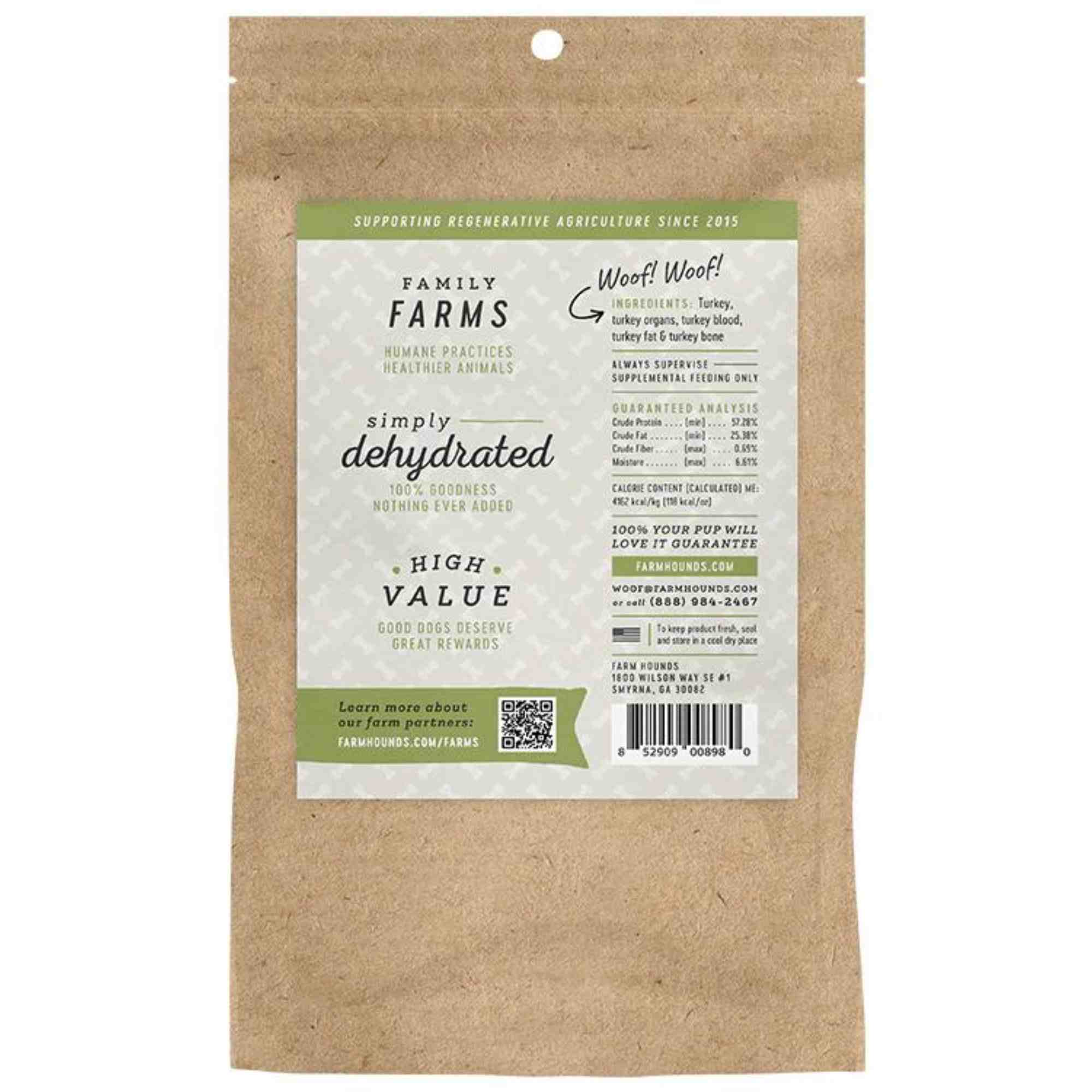 Turkey Trainers 4.5oz back ingredients Dehydrated Dog treats pitman farms Farm Hounds
