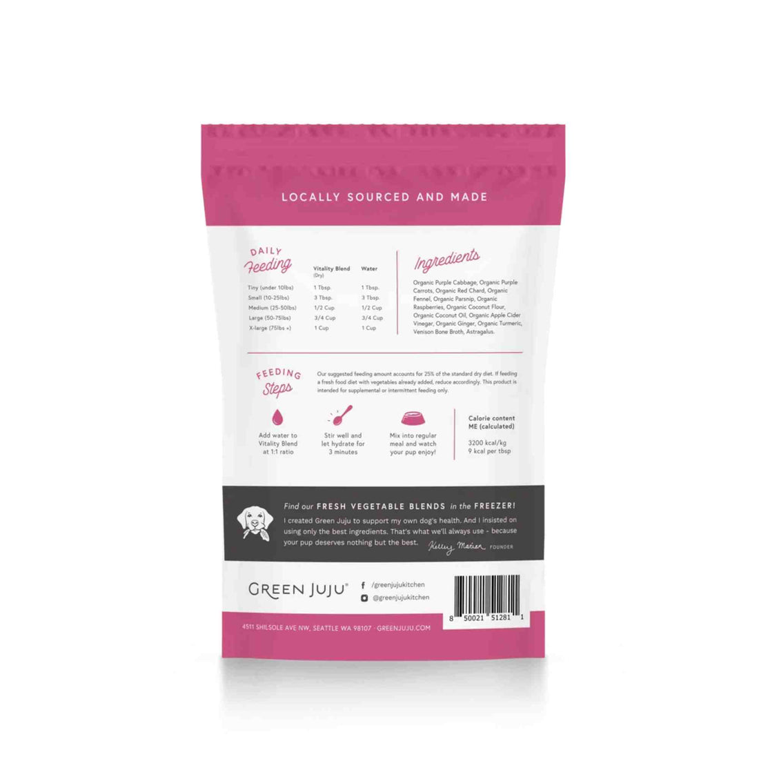 Vitality Blend with Astragulus Freeze-Dried Vegetable Blend in a 1.75oz bag by Green Juju with ingredients and feeding recommendations