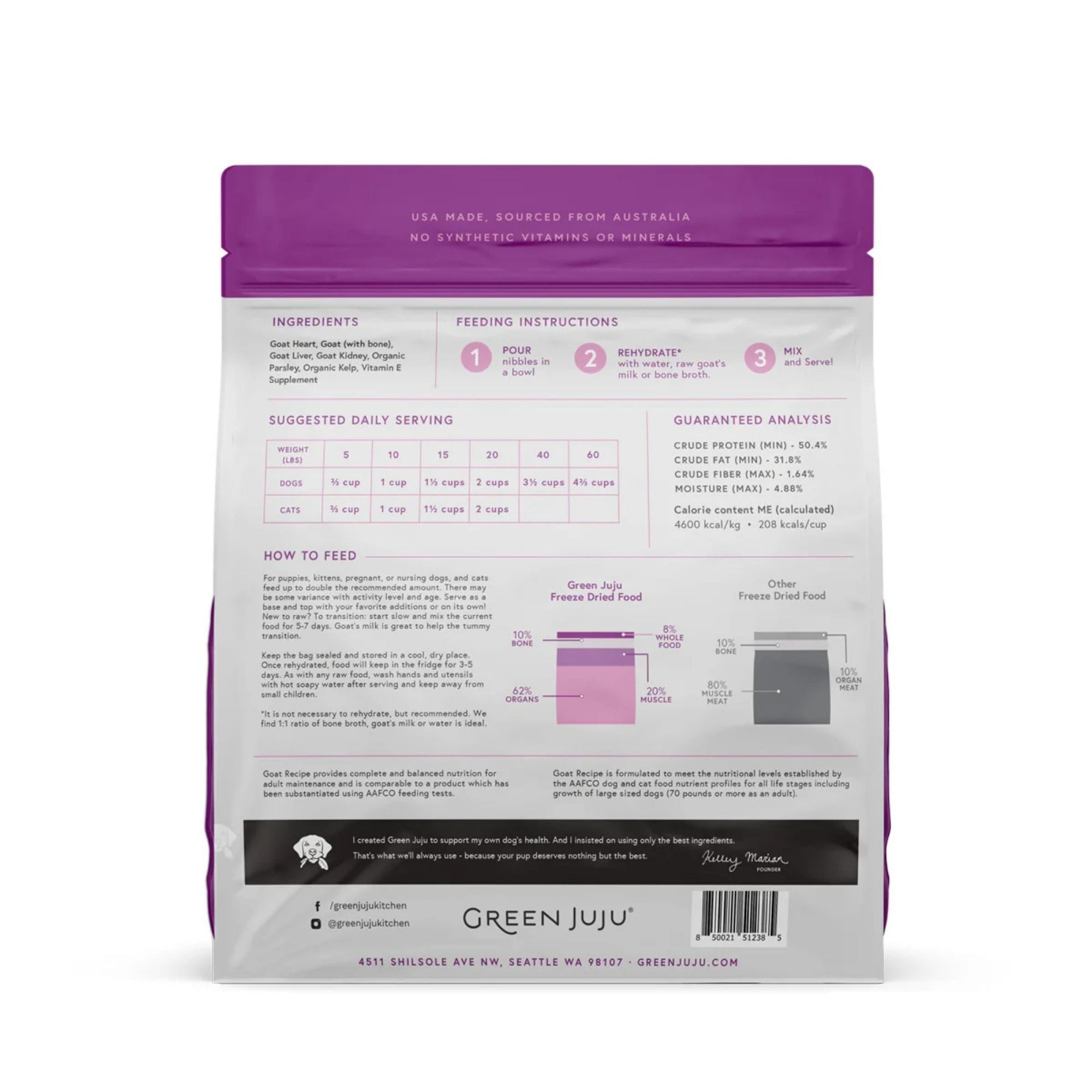 green juju freeze-dried raw goat recipe back of bag