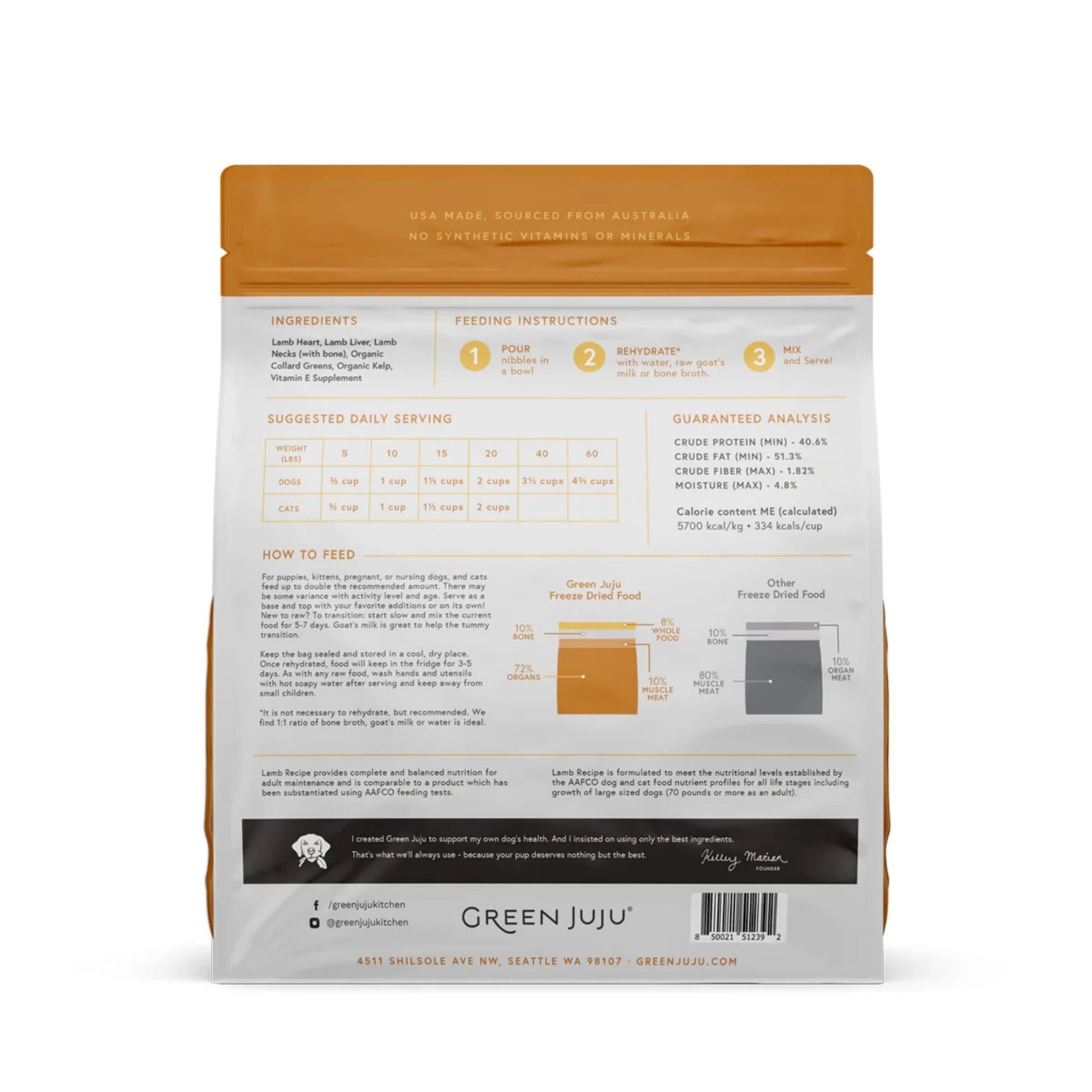 green juju freeze-dried raw lamb recipe back of bag