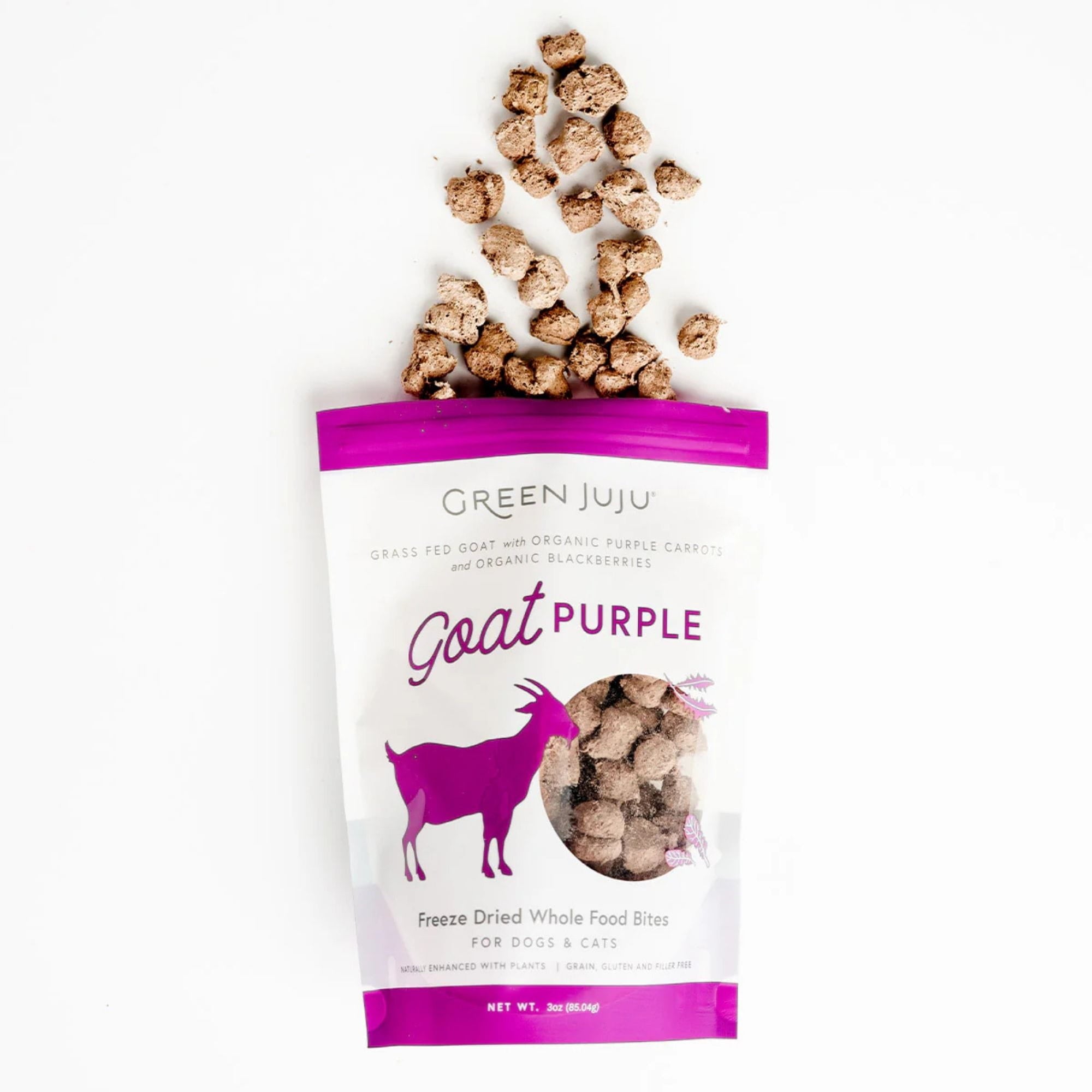 green juju goat purple whole food bites treats coming out of bag
