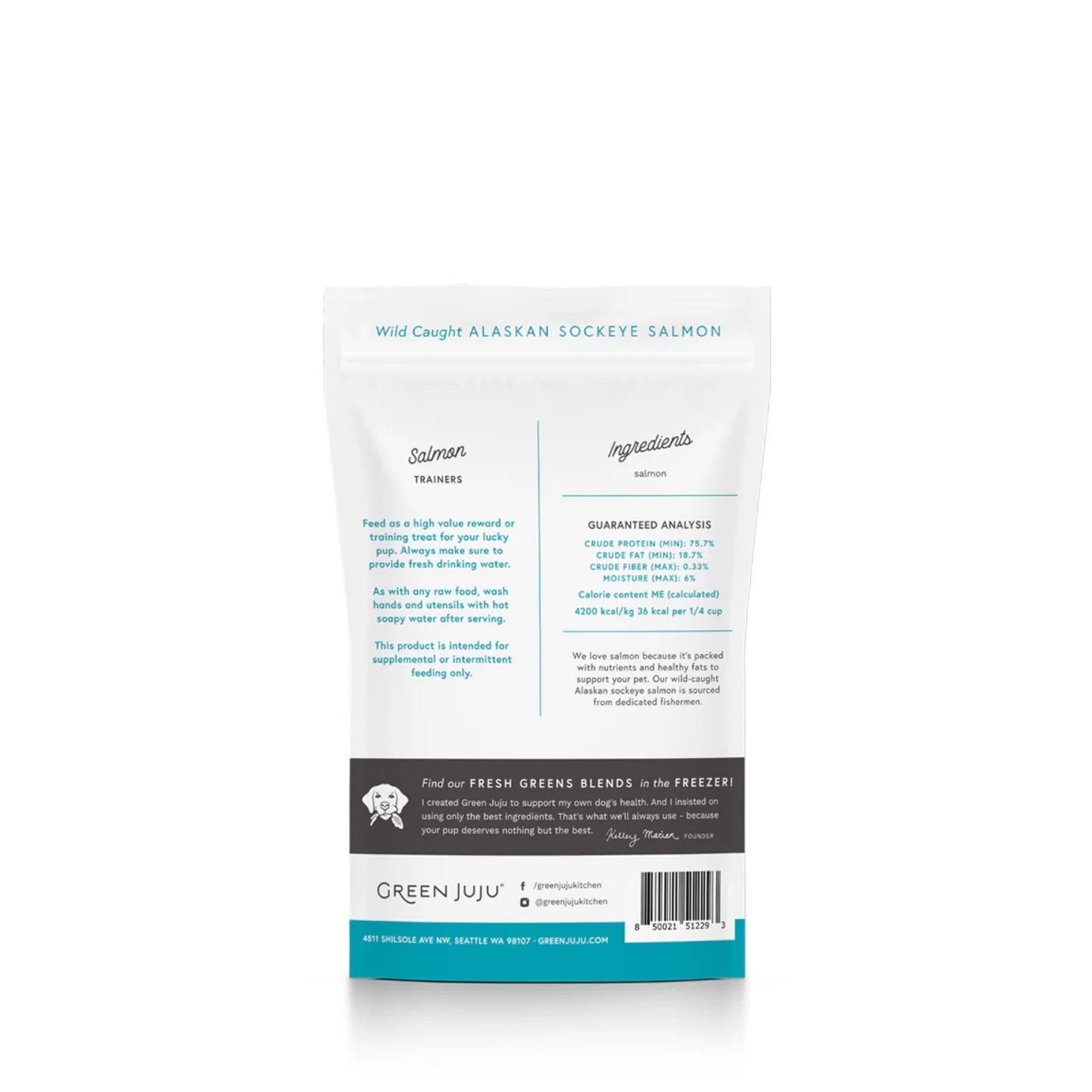 Green juju salmon trainers for dogs and cats back of bag