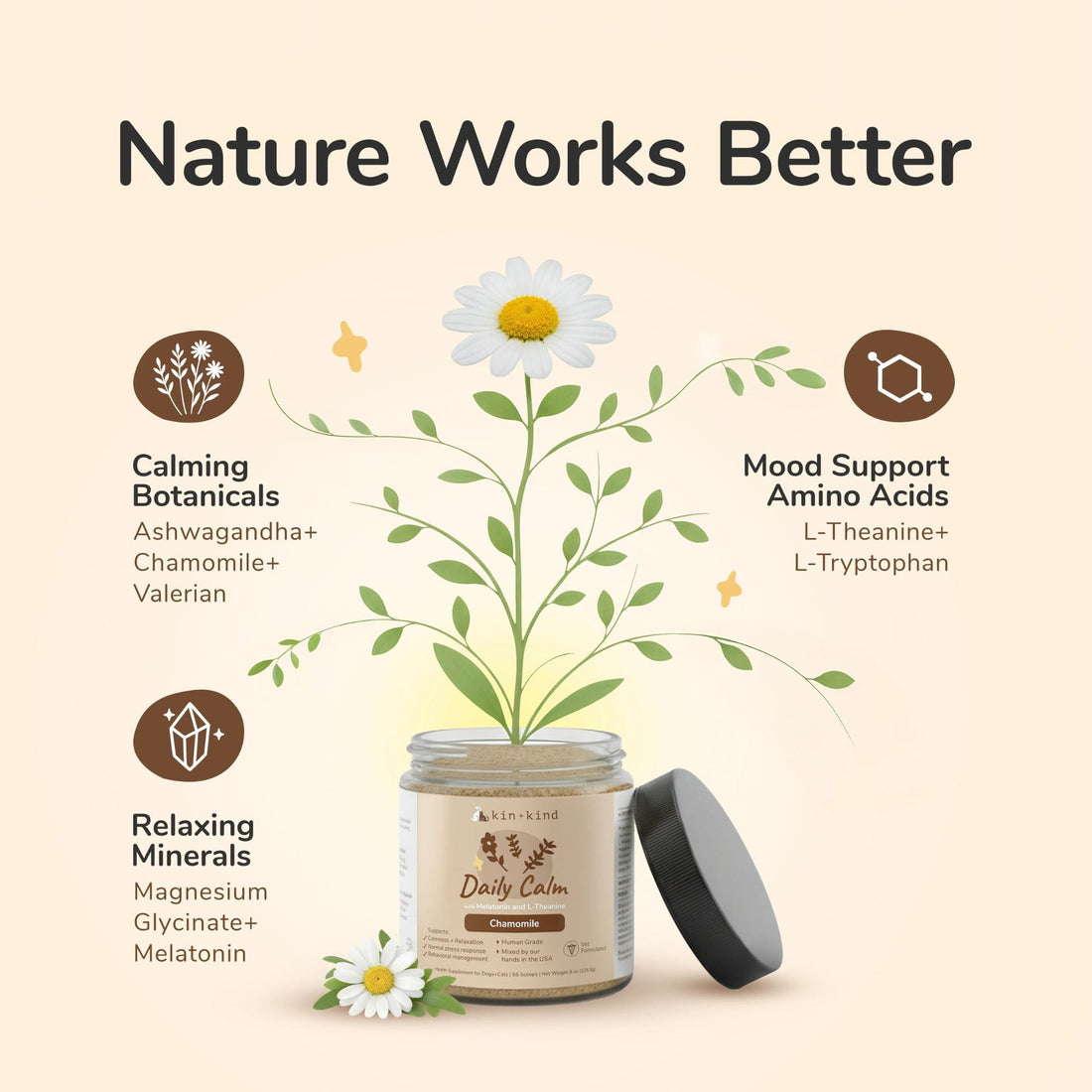 Kin+Kind Daily Calm with natural elements and text on a beige background