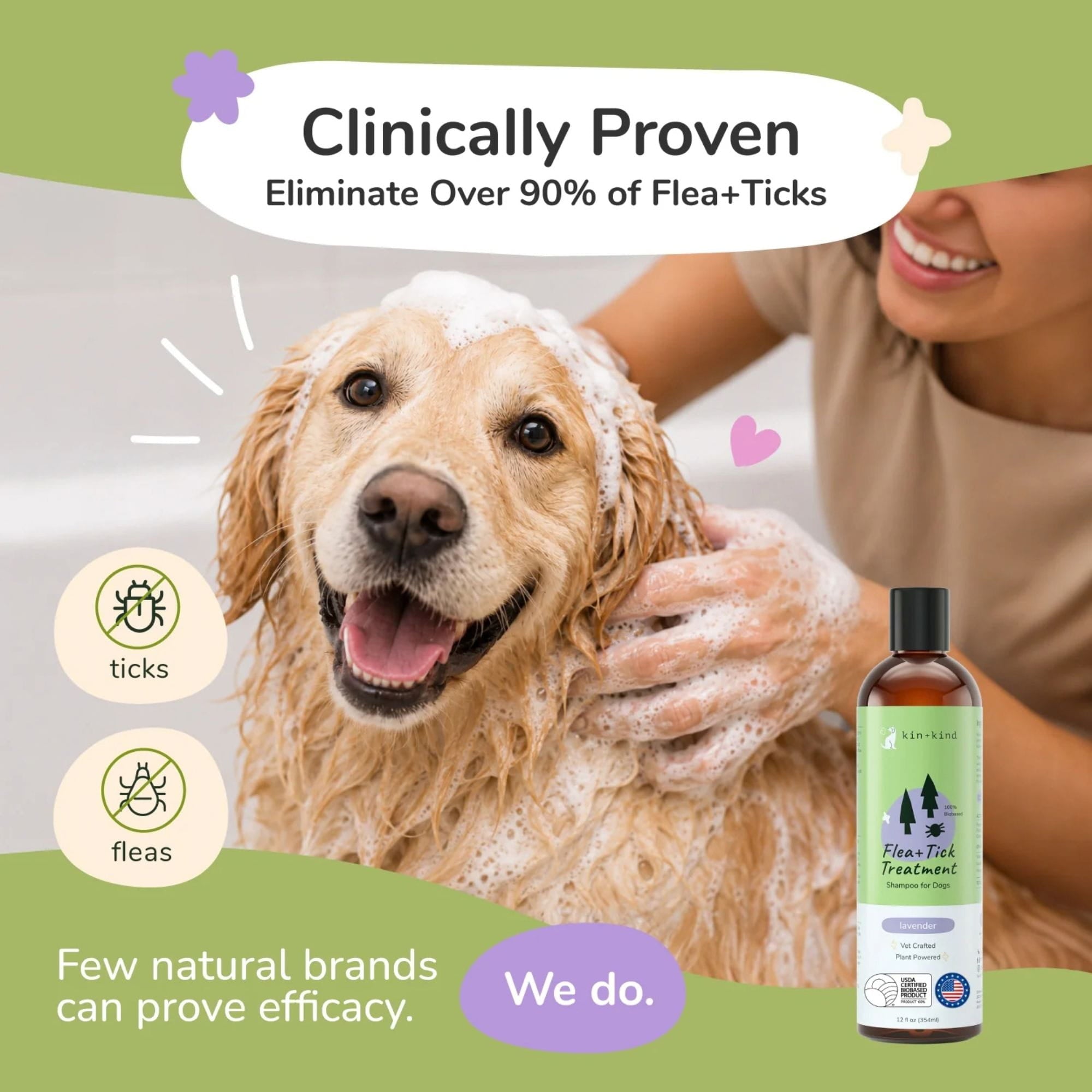 Dog being bathed with a bottle of kin+kind flea and tick shampoo on a green background