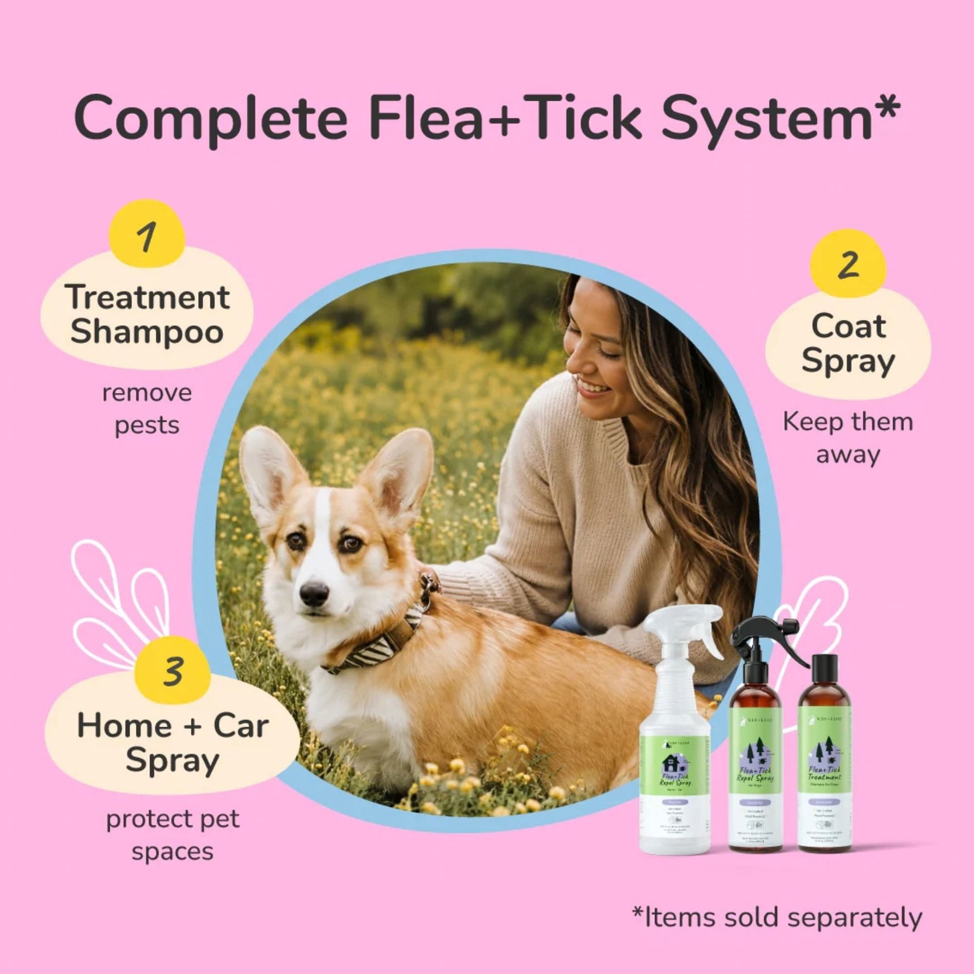 Kin+Kind flea and tick products with a woman and dog on a pink background