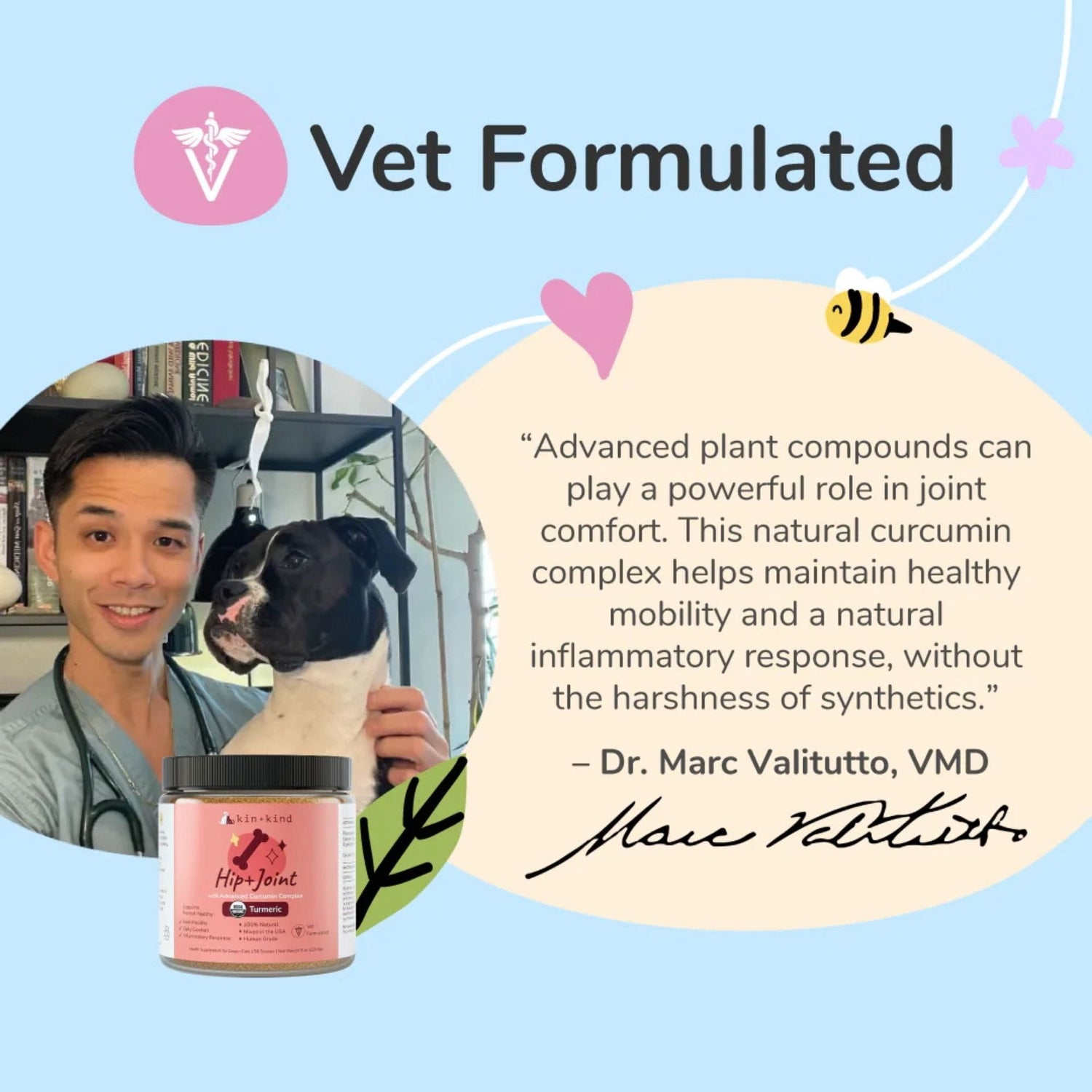Advertisement for Kin+kind hip and joint with a veterinarian and dog, featuring &