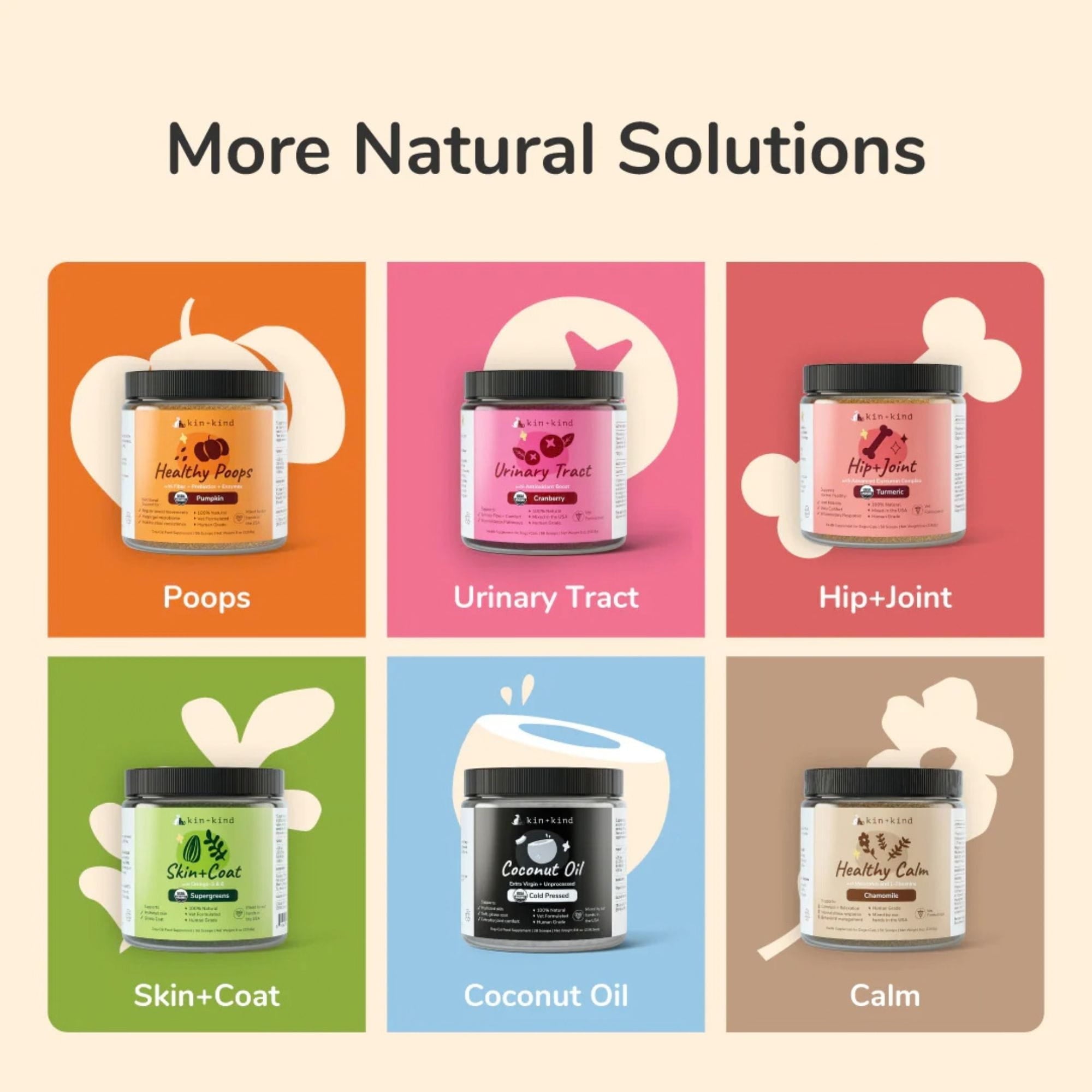 Collection of other kind+kind products with labels for different health issues on a beige background.
