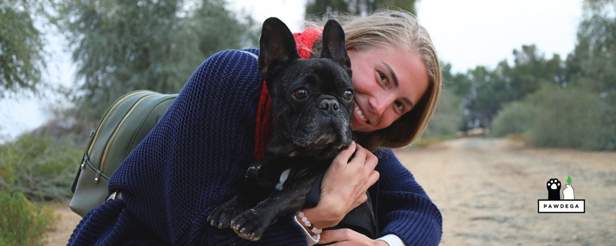 Woman holding black french bulldog in the park