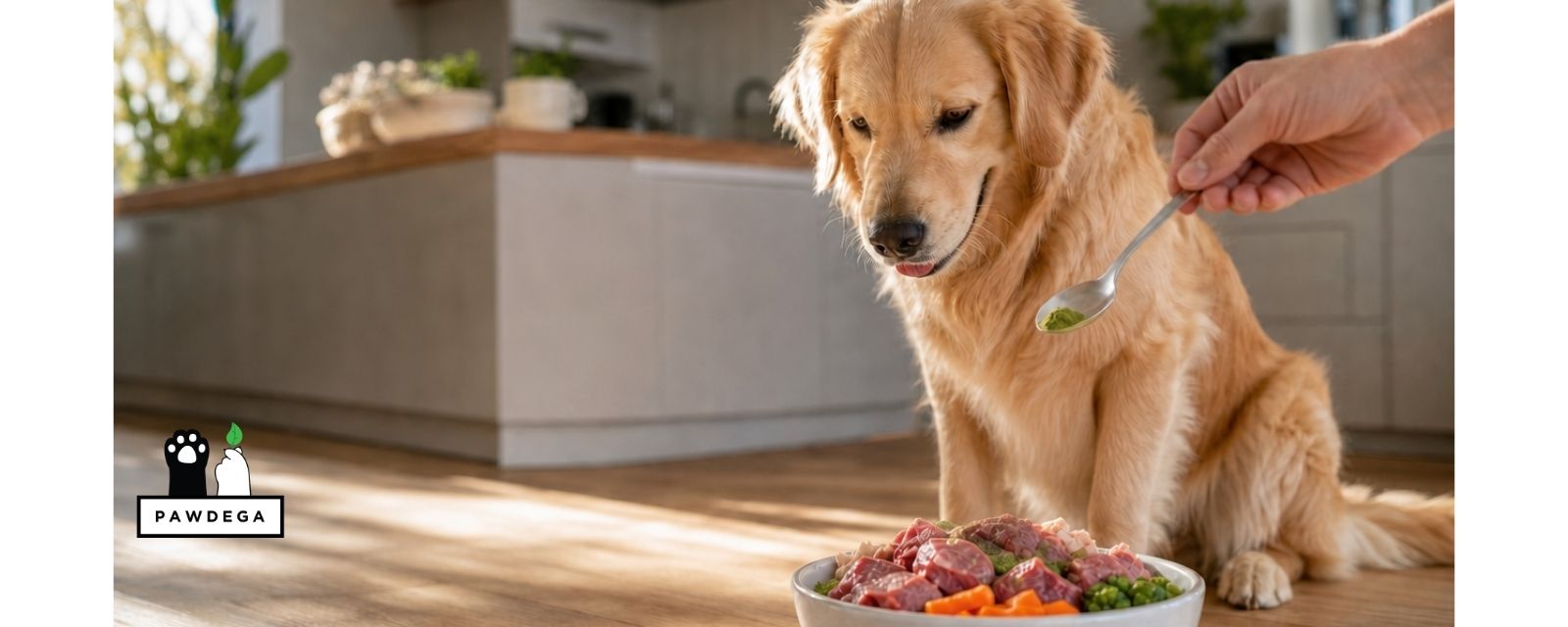 Golden retriever sitting by a bowl of fresh raw food while a hand adds a spoon of green marine phytoplankton powder, showing how to feed phytoplankton for dogs.