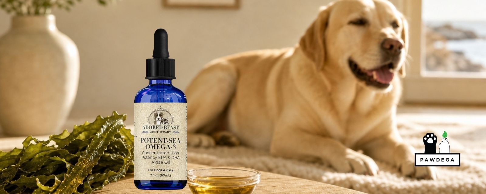 Dog laying in the bed with algae oil omega 3 sitting on the table