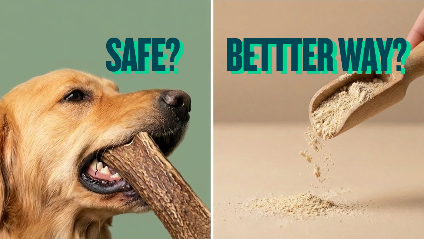 Dog chewing on elk antler bone with the word safe written above it then a person pouring elk antler powder on a table with "better way?" written above it