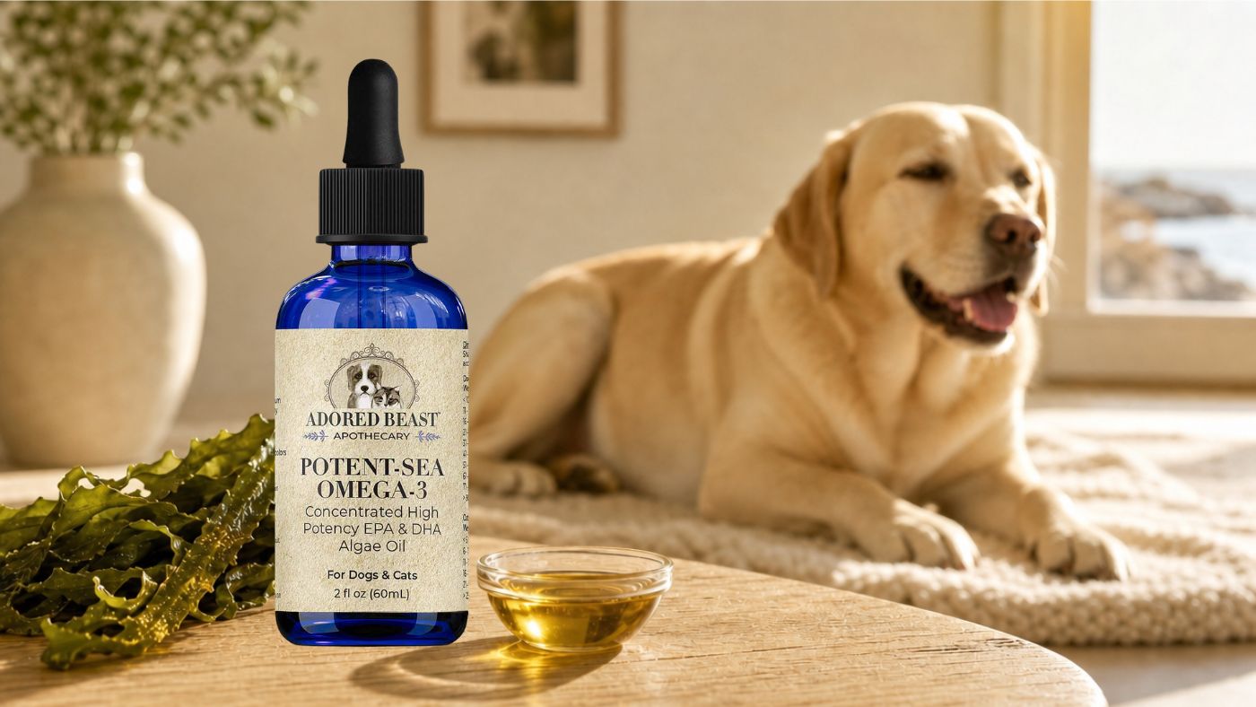 Golden algae oil omega 3 supplement beside a healthy dog with a glossy coat.
