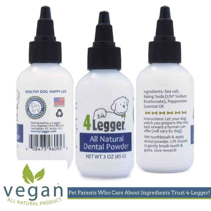 4-legger-dental-care-mint-fresh-all-natural-dental-powder-safe-non-toxic-vegan-toothpaste-alternative- front and back of bottle with ingredients 