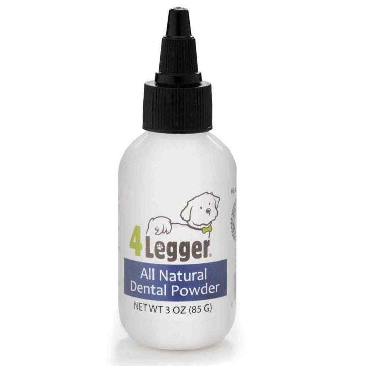 4-Legger All Natural Dental Powder, a non-toxic toothpaste alternative for brushing a dog's teeth at home