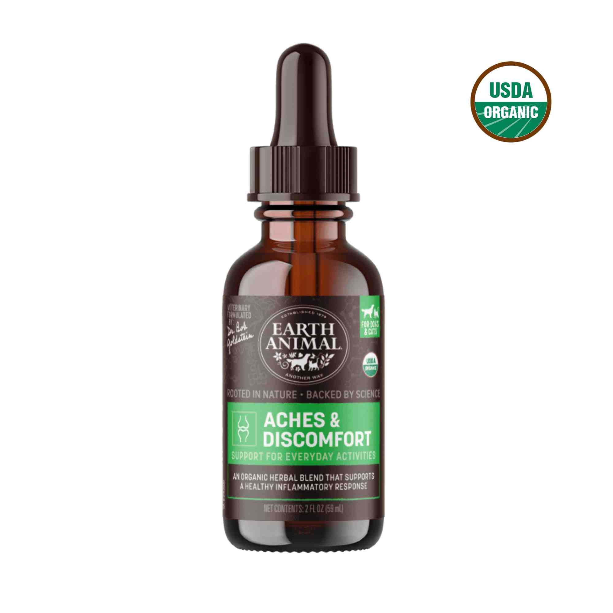 Aches and Discomfort front of bottle with usda organic seal 59ml bottle by Earth Animal