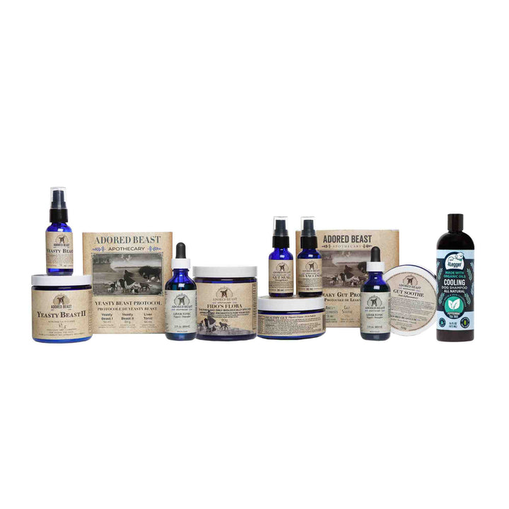 Allergy and Yeast Relief Protocol kit for dogs with Yeasty Beast Protocol, Leaky Gut Protocol, Fido's Flora and organic cooling shampoo
