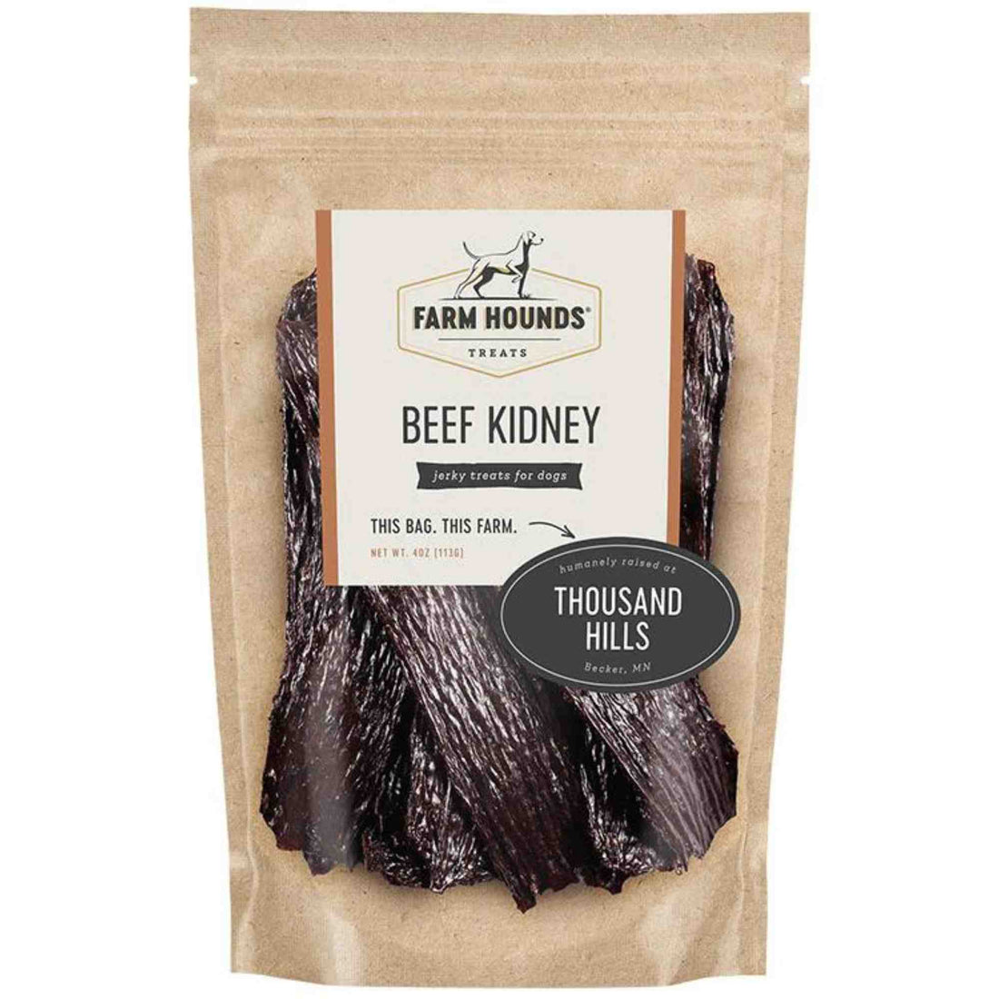 Beef kidney 4oz front Dehydrated Dog treat chew thousand hills Farm Hounds
