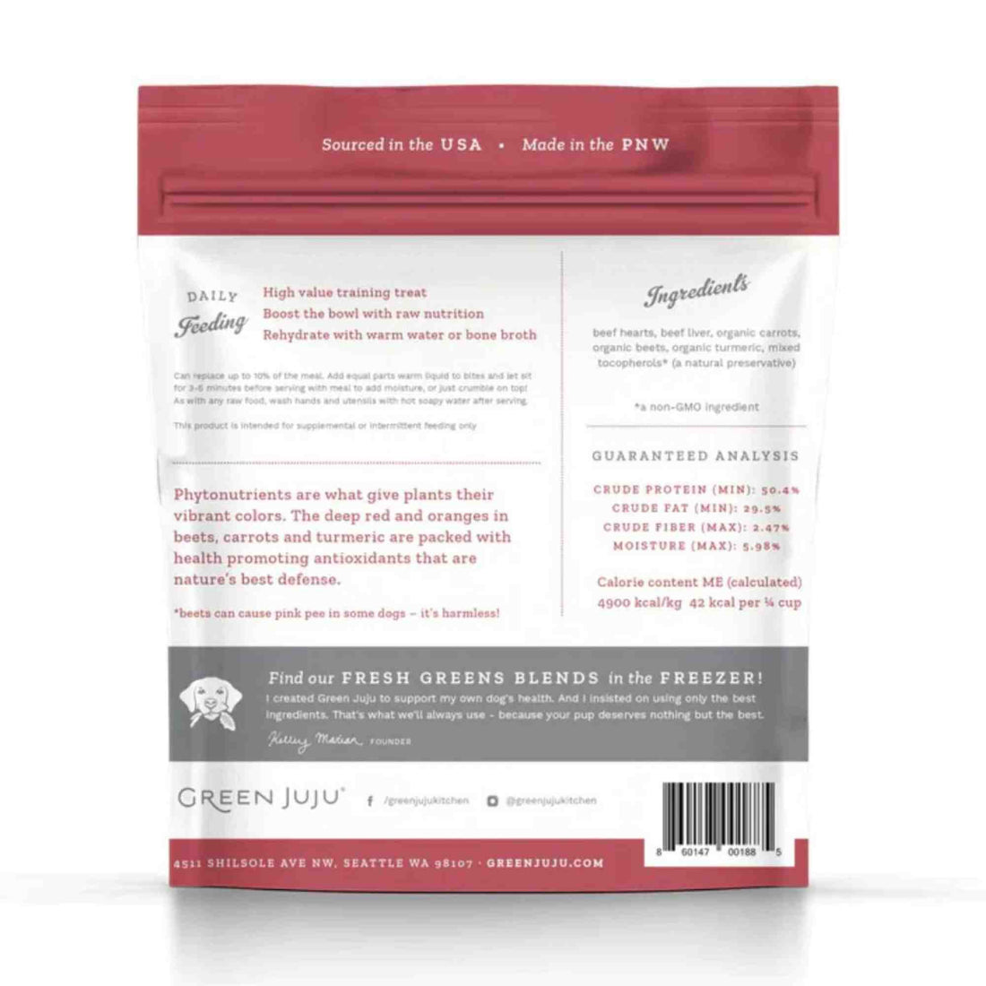 Beef Red Freeze Dried Whole Food bites for dogs and cats back of bag with feeding instructions and ingredients green juju