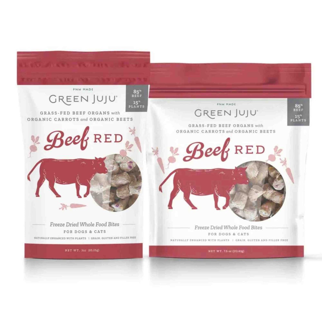Beef Red Freeze Dried Whole Food bites for dogs and cats front of bag green juju