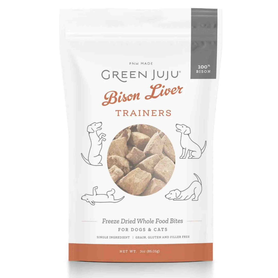 Bison Liver Training Treats for Dogs and Cats Front of Bag Green Juju