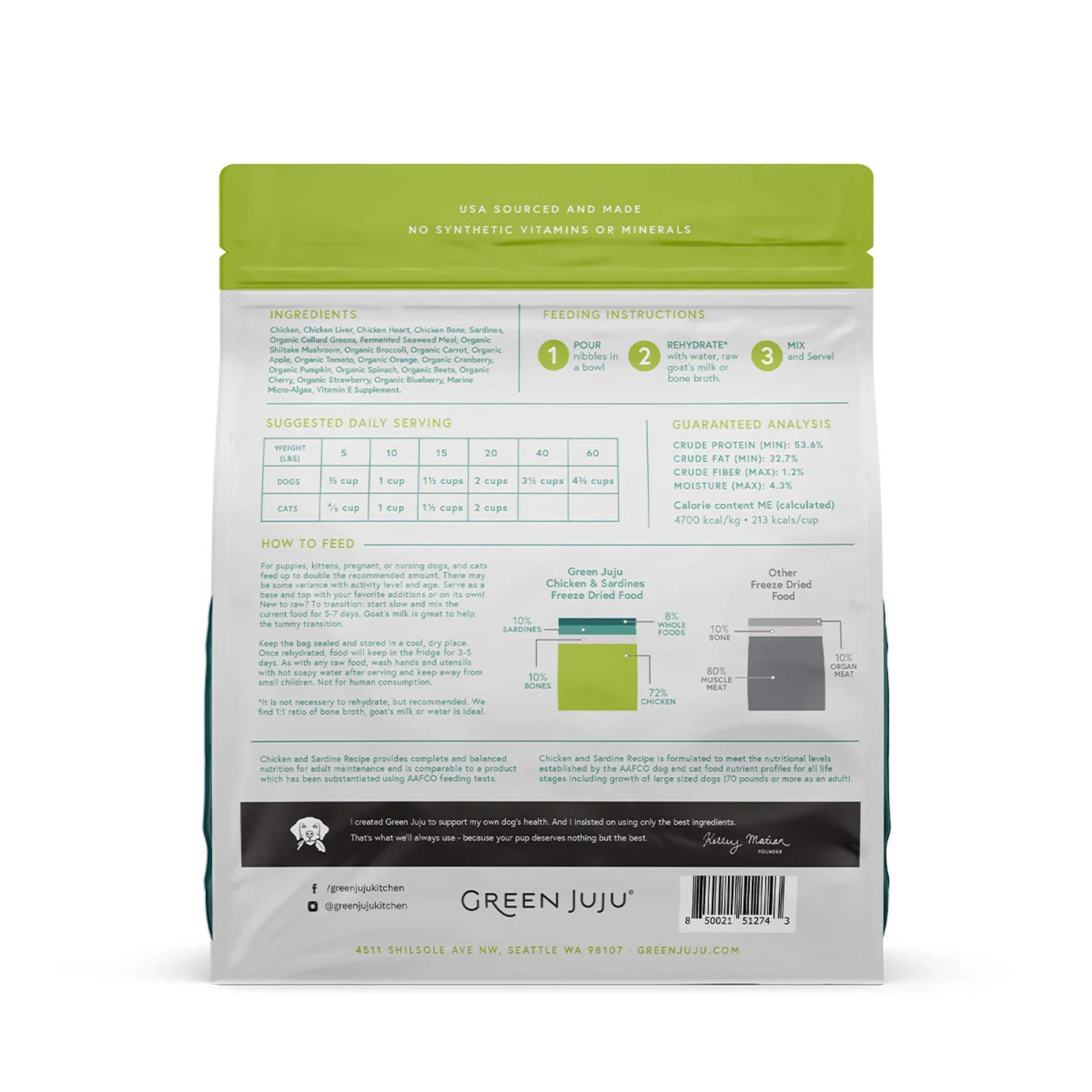 Chicken &amp; Sardine Dreeze Dried Raw Ingredient List, feeding instructions, and guaranteed analysis. Back of bag by Green Juju