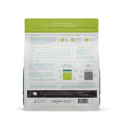 Chicken &amp; Sardine Dreeze Dried Raw Ingredient List, feeding instructions, and guaranteed analysis. Back of bag by Green Juju