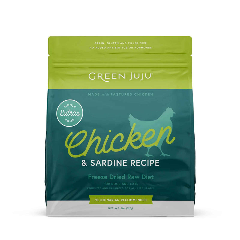 Green Juju Extras Chicken and Sardine Recipe freeze dried raw food for dogs and cats, front of the 14 oz bag