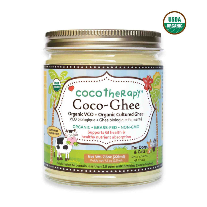 Jar of organic cultured ghee blended with virgin coconut oil for dogs and cats
