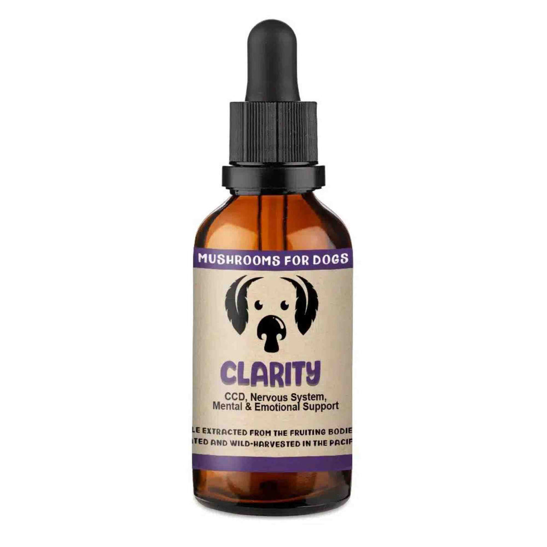 Clarity Mushrooms by Mycodog - front of bottle - displaying that it is for CCD, Nervous system, mental and emotional support