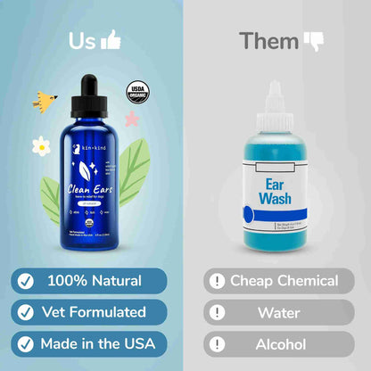 Clean Ears - leave in relief for dogs - all natural - vet formulated and made in usa - kin kind comparison to other brands kin kind 