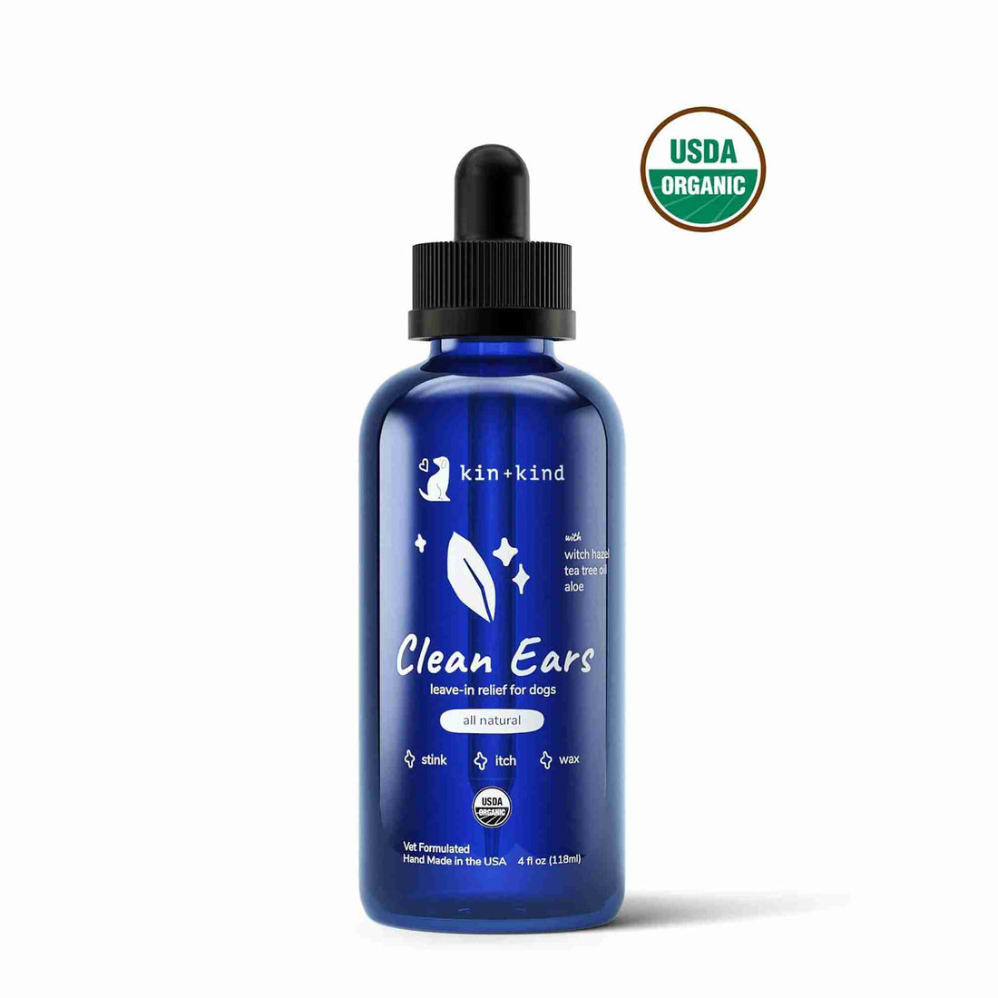 Clean Ears - leave in relief for dogs - all natural - vet formulated and made in usa - kin kind front of bottle 4 fl oz