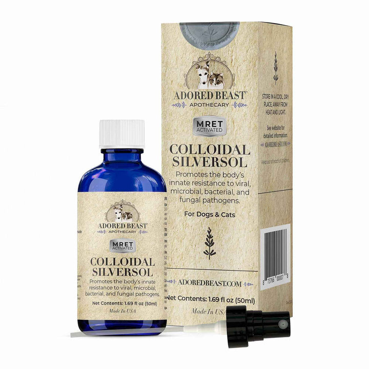 Adored Beast Colloidal SilverSol spray bottle and box, a topical silver solution for dog skin and wound care