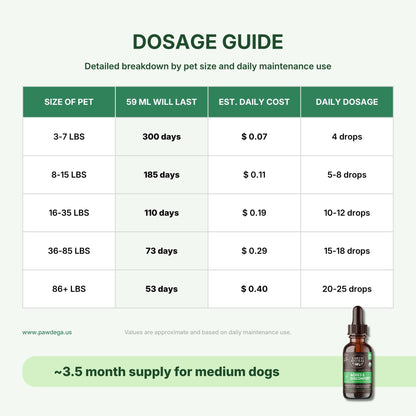 Dosage guide chart for Aches &amp; discomfort supplement, showing pet size, bottle life, daily cost, and daily dosage recommendations. Features a small dropper bottle illustration at the bottom right on a pale green background.