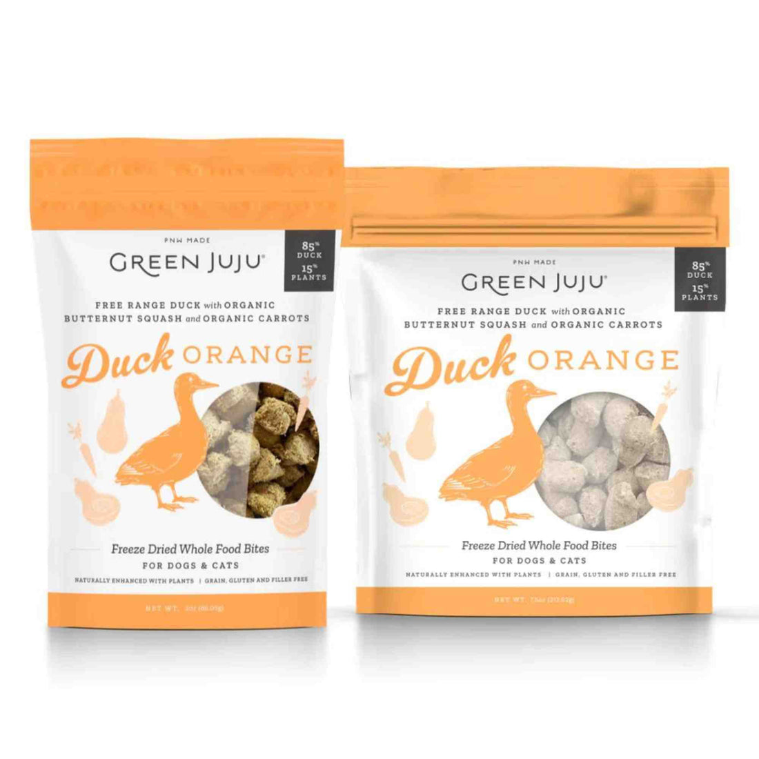Duck Orange Freeze Dried whole food bites for dogs and cats front of bag green juju