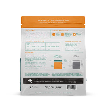 Duck &amp; Sardine Dreeze Dried Raw Ingredient List, feeding instructions, and guaranteed analysis. Back of bag by Green Juju