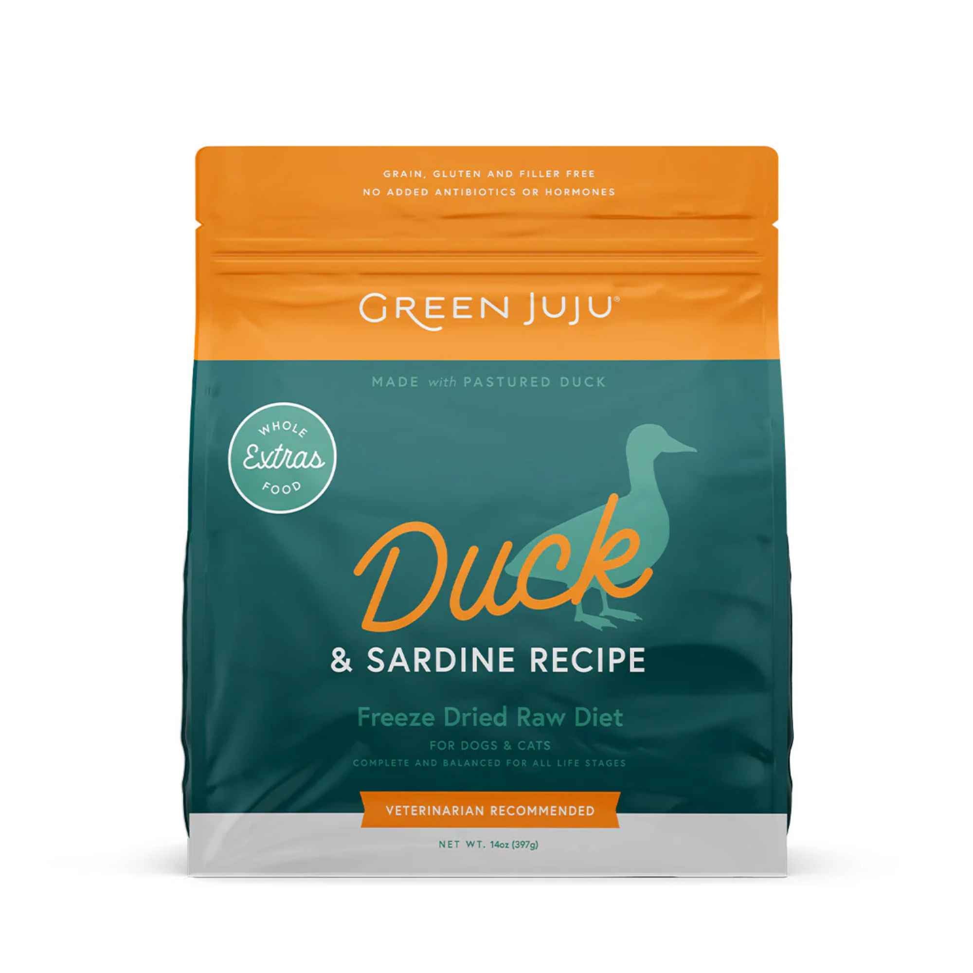 Green Juju Duck &amp; Sardine Recipe freeze dried raw in a 14 oz bag package on a white background