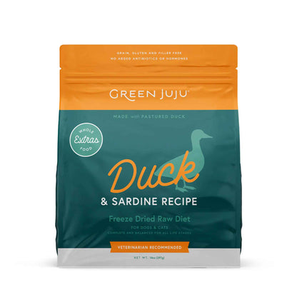 Green Juju Duck &amp; Sardine Recipe freeze dried raw in a 14 oz bag package on a white background
