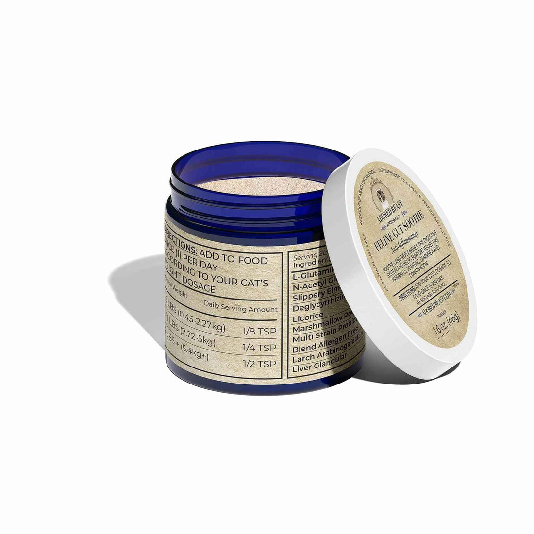 Feline Gut Soothe Probiotic Anti-Inflammatory Herbs Adored Beast with Lid Off and Powder