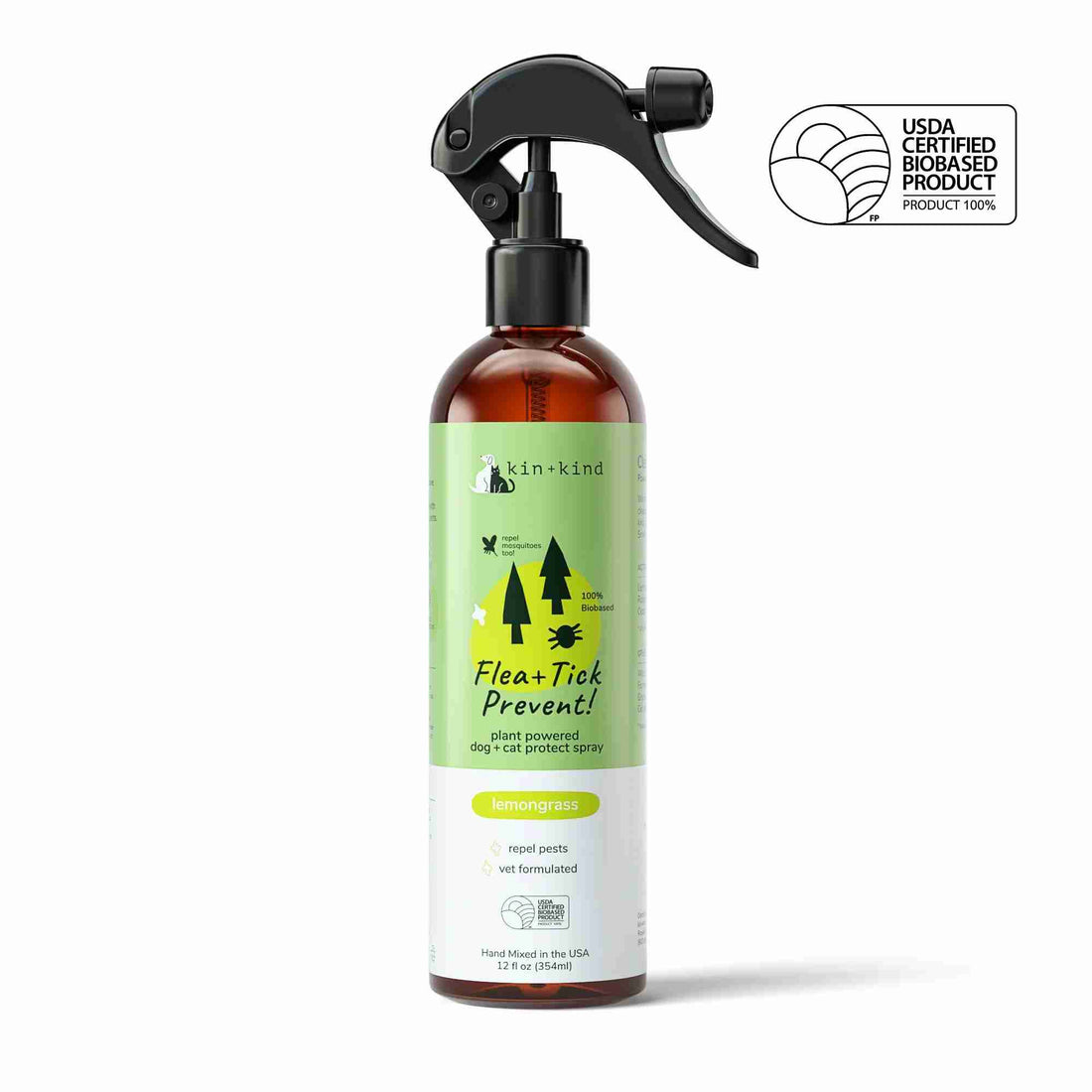 Flea and Tick Prevent - Kin and Kind Front of bottle 12 fl oz for dog and cat lemongrass scent repel pest and vet formulated