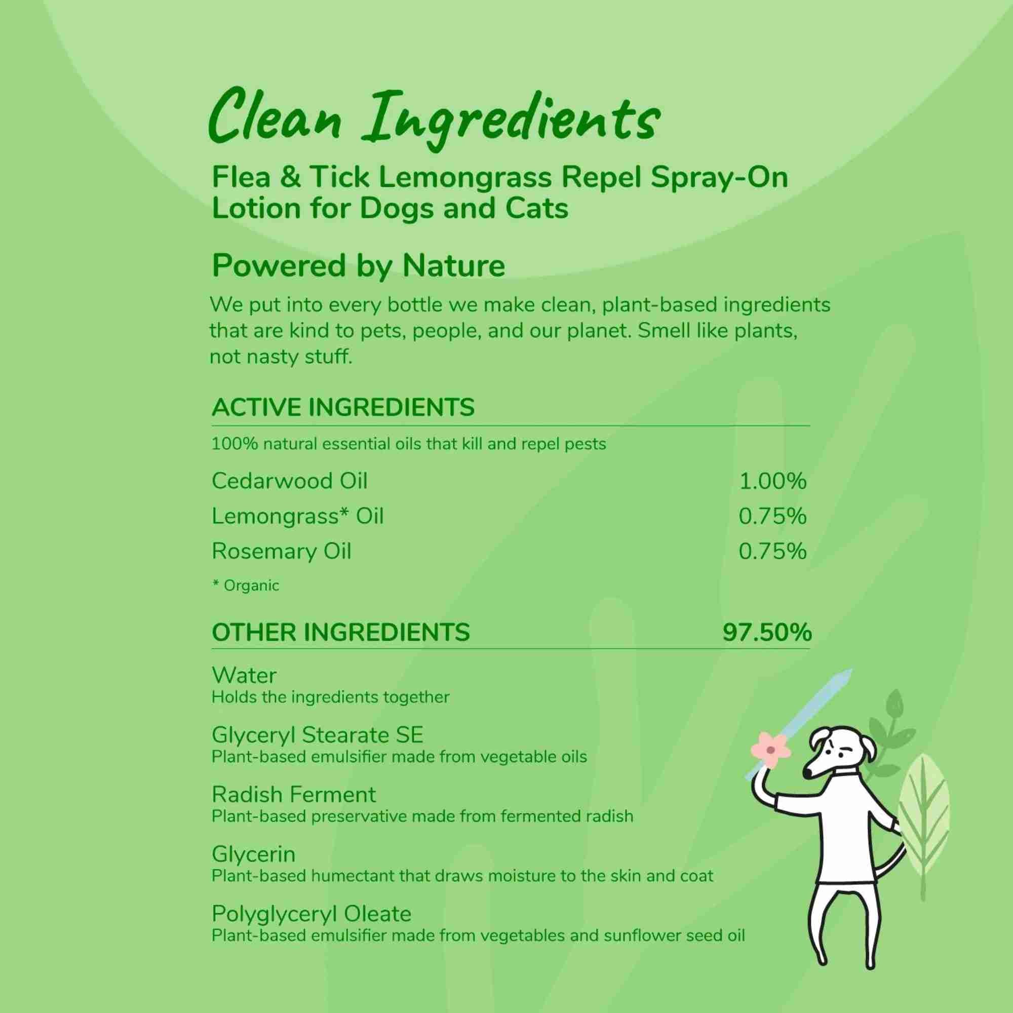 Flea and Tick Prevent - Kin and Kind ingredient list for dog and cat lemongrass scent repel pest and vet formulated