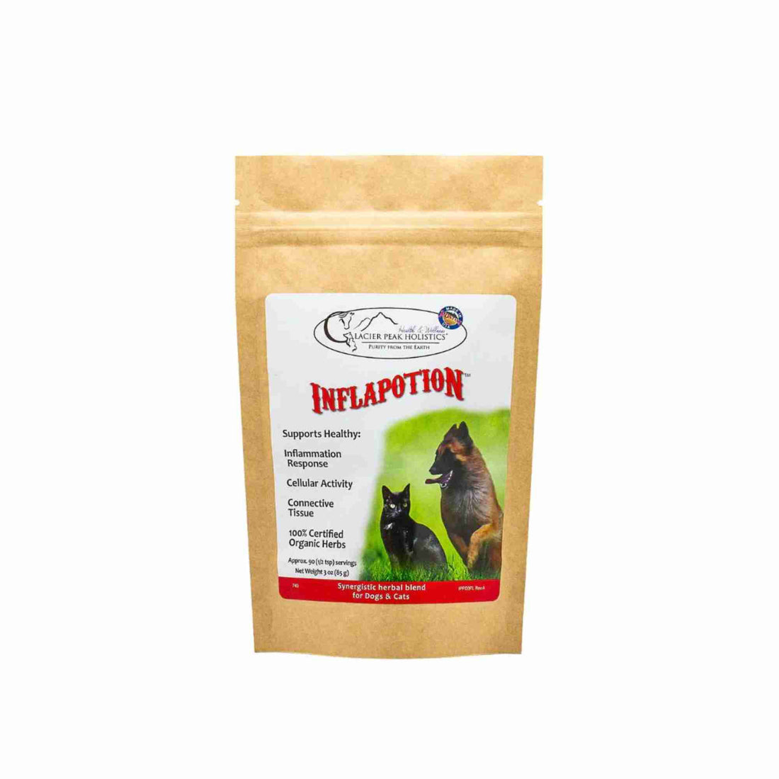 Glacier Peaks Holistics - Inflapotion - Herbal Blend for cats and dogs supporting inflammtion response, cellualar activity made of 100% certified organic herbs front of pouch