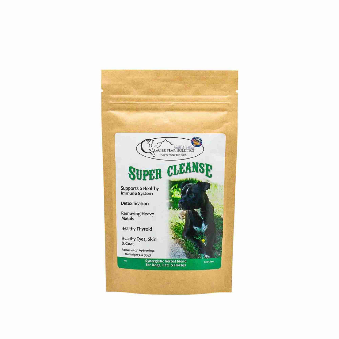 Glacier Peaks Holistics - Super Cleanse - Herbal Blend for cats, dogs, and horses, supporting detoxification, healthy thyroid and healthy eyes front of pouch